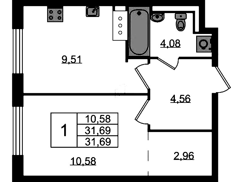 1-комнатная квартира 31.69 м², 2/13 эт., ЖК «Квартал Торики»